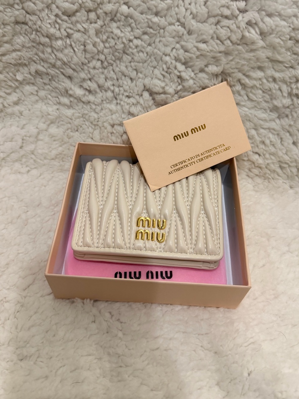 Miu Miu Cream Quilted Leather Card Wallet with Gold Logo